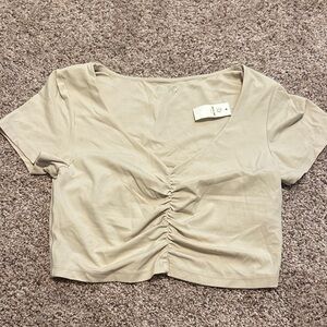 Beige Ruched V-Neck Women's Workout Top